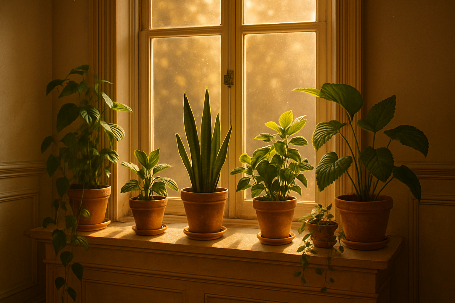 A classic window sill with various potted plants bathed in warm golden hour sunlight, featuring traditional wooden trim and architectural details