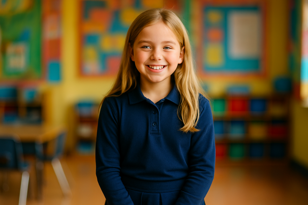 A vibrant, colorful portrait of a happy 11 year old girl with blonde hair smiling at the camera, wearing navy school clothing, cropped at knee level with a colorful blurred classroom background