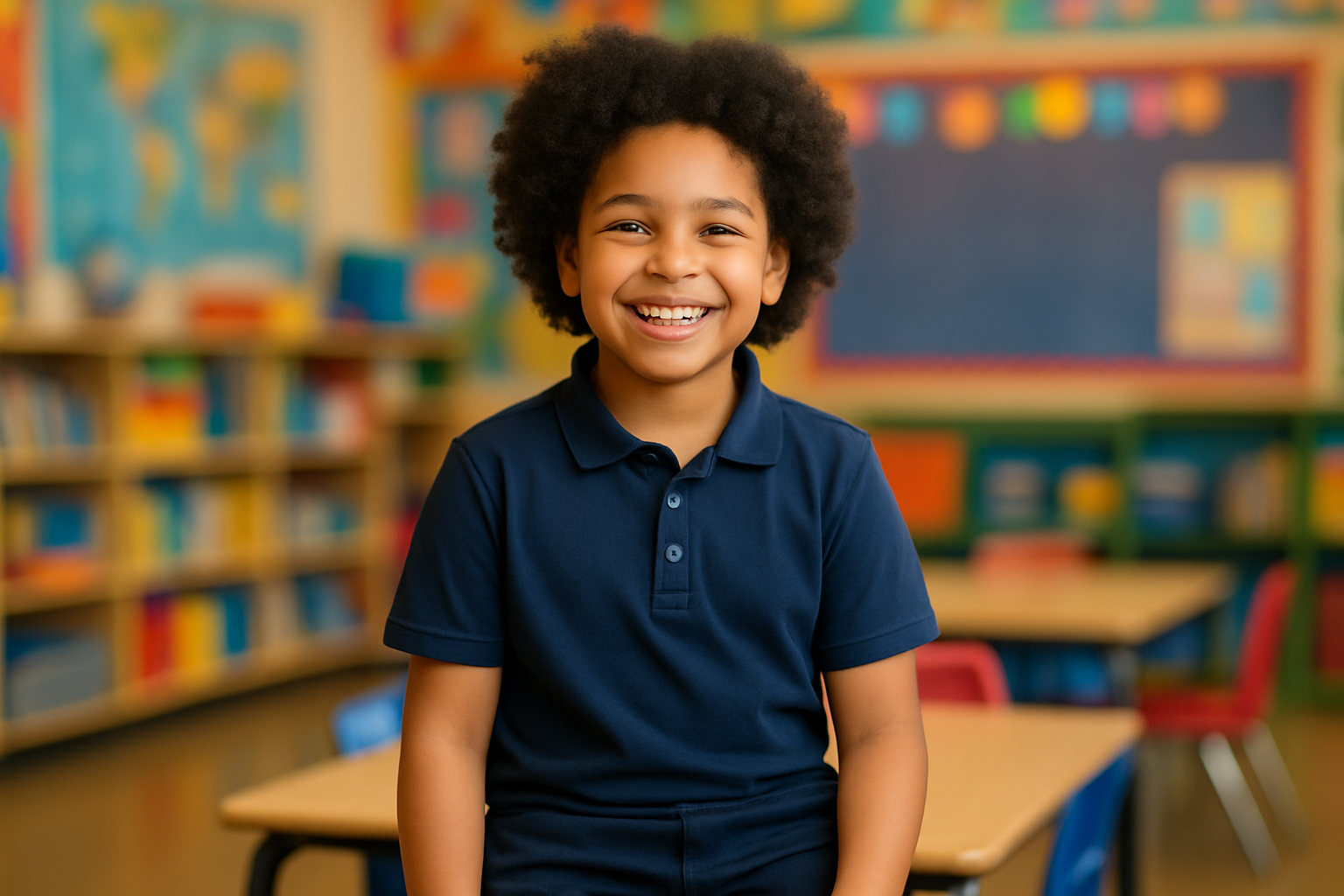 A vibrant, colorful portrait of a happy 11 year old student smiling at the camera, wearing navy school clothing, cropped at knee level with a colorful blurred classroom background