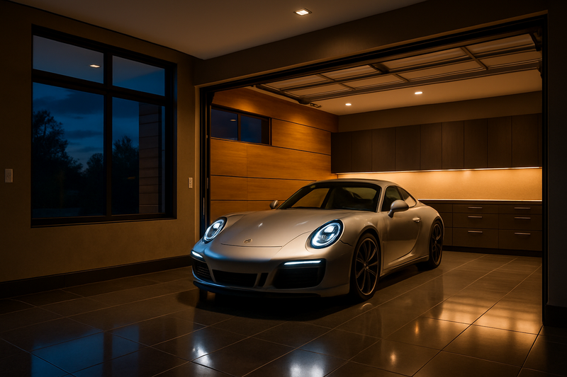 Luxury garage with car inside at dusk