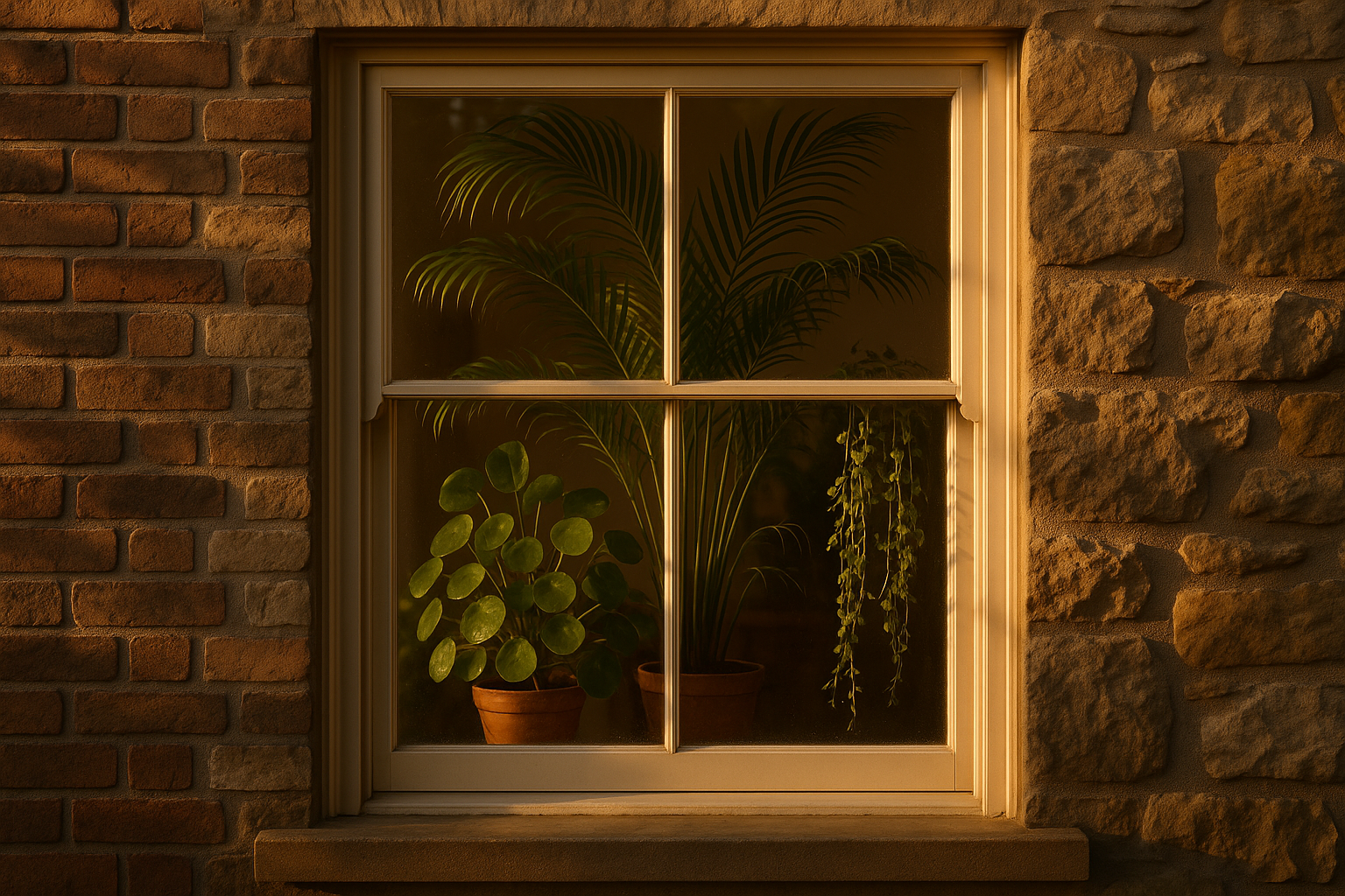 Realistic exterior view of a classic house with a different selection of botanically accurate houseplants visible through a window during golden hour